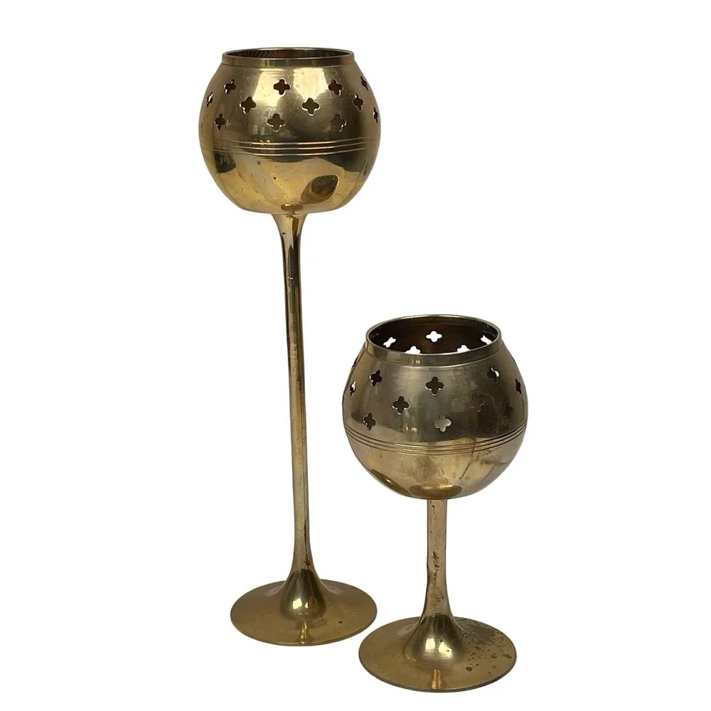 Vintage Solid Brass Goblet Votive Candle Holder Set Cutout Stars India Celestial